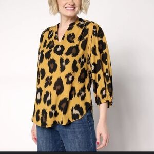 Nicole Miller Black Mustard Animal Print Blouse Shirt XL Flowy Women's Dressy